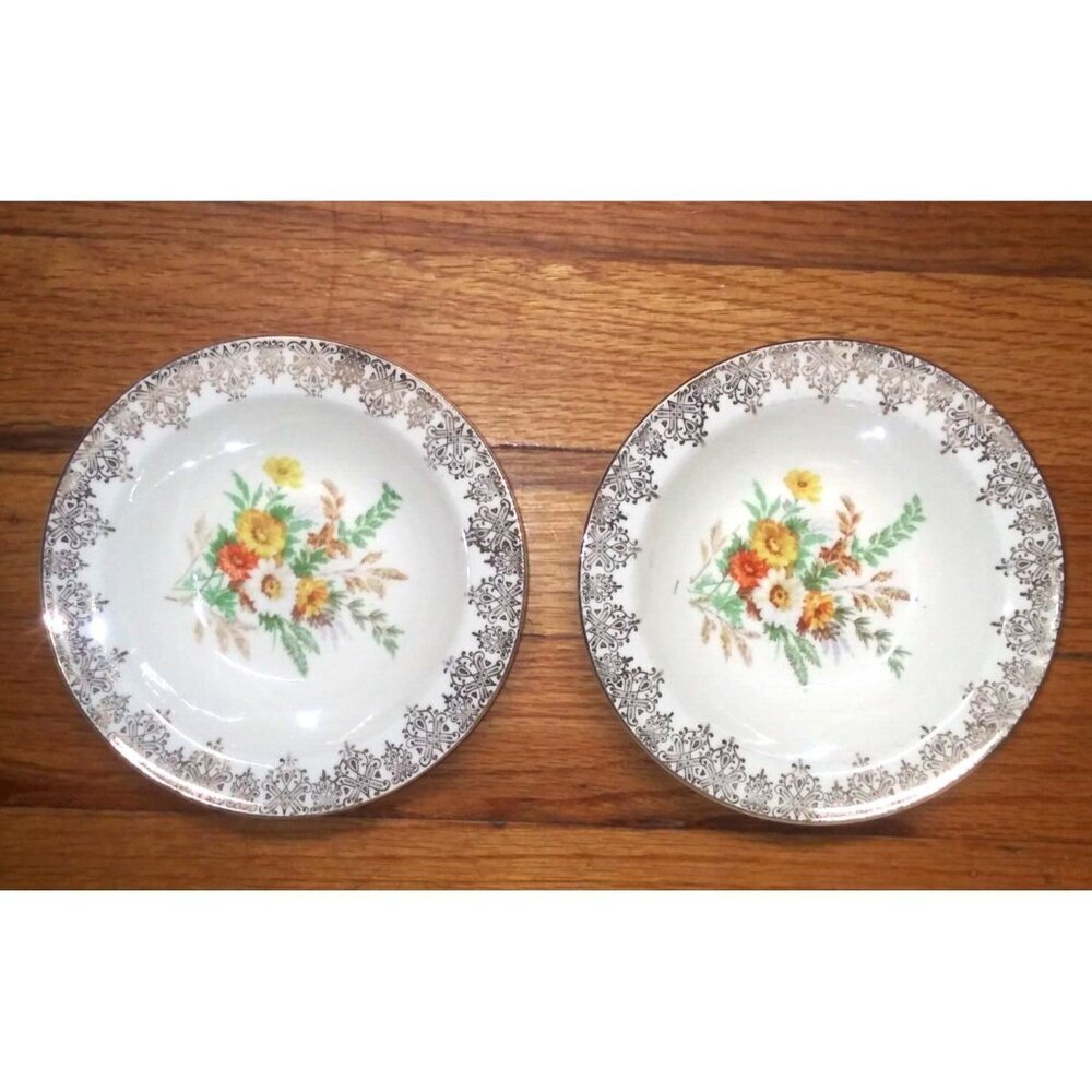 2 Vintage Edwin Knowles Floral Fruit Dessert Bowls beige orange Brown gold 1930s